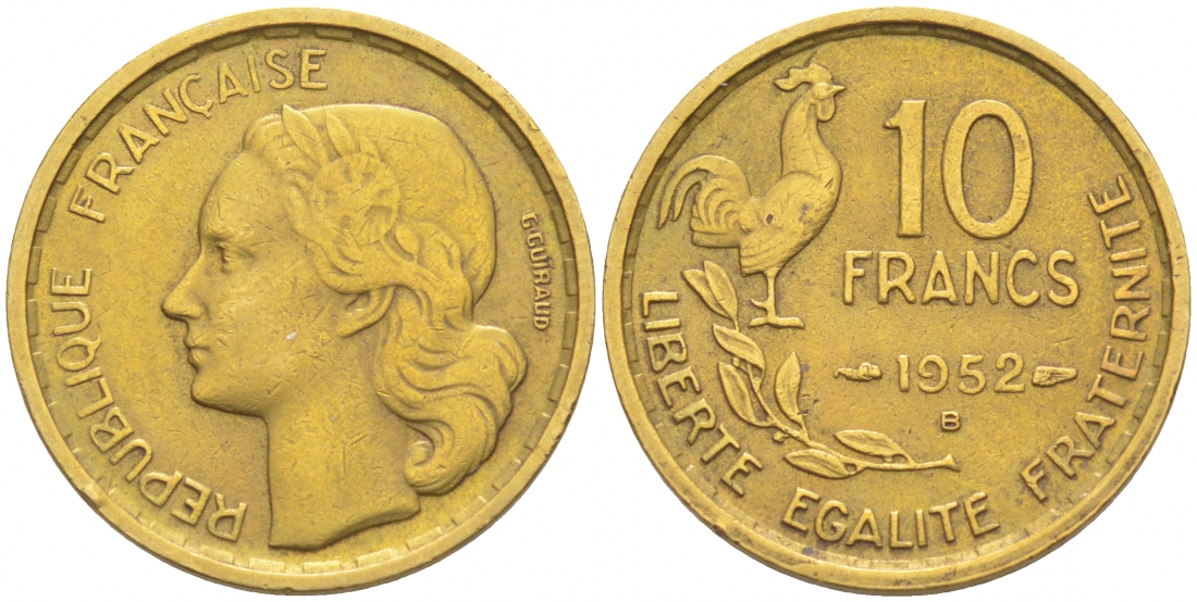 Франция 10 франков 1952 B, петух KM 915.2, Le Franc 363.5 алюминиевая бронза 187-158
