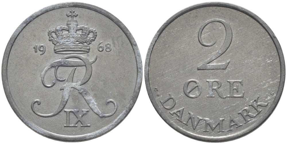 ДАНИЯ 2 ЭРЕ 1968 C;S, ФРЕДЕРИК IX (1947-1972) KM 840,2 цинк 202-714