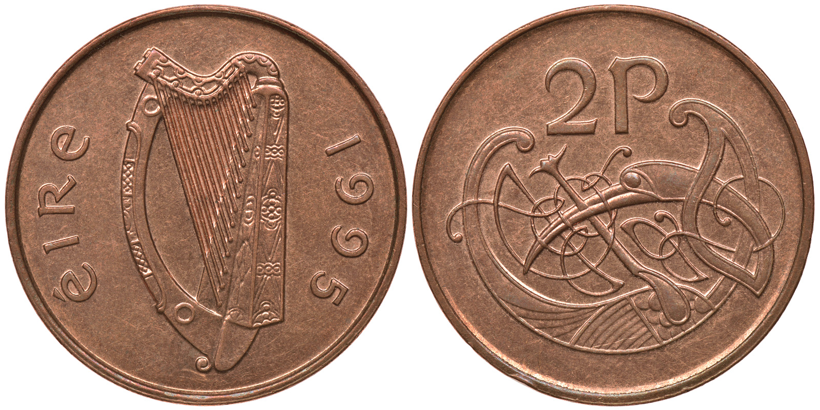 ИРЛАНДИЯ 2 ПЕНСА 1995 ВИНЬЕТКА В ВИДЕ СТИЛИЗОВАННОЙ ПТИЦЫ ИЗ ВТОРОЙ БИБЛИИ КАРЛА II ЛЫСОГО KM 21a сталь плакированная медью aUNC 4390-246