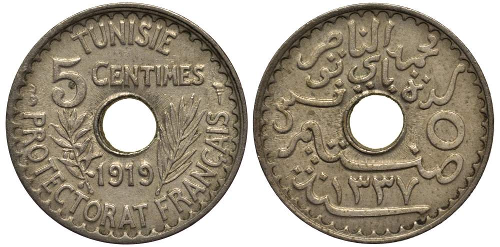 Тунис 5 сантимов 1919 A KM 242 никель латунь     4388-347