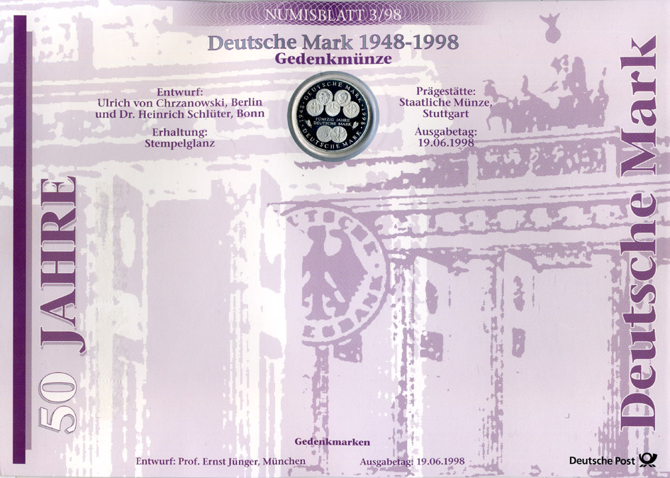 ФРГ 10 марок 1998 F, 50 лет марке ФРГ, КАРТОННЫЙ БУКЛЕТ, ОФИЦИАЛЬНЫЙ ВЫПУСК НЕМЕЦКОЙ ПОЧТЫ (DEUTSCHE POST) KM 195 серебро PROOF 4044-1211