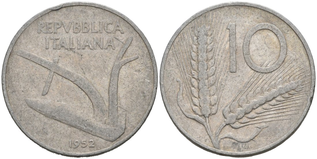 Италия 10 лир 1952 R, плуг, колосья KM 93 алюминий 4571-513
