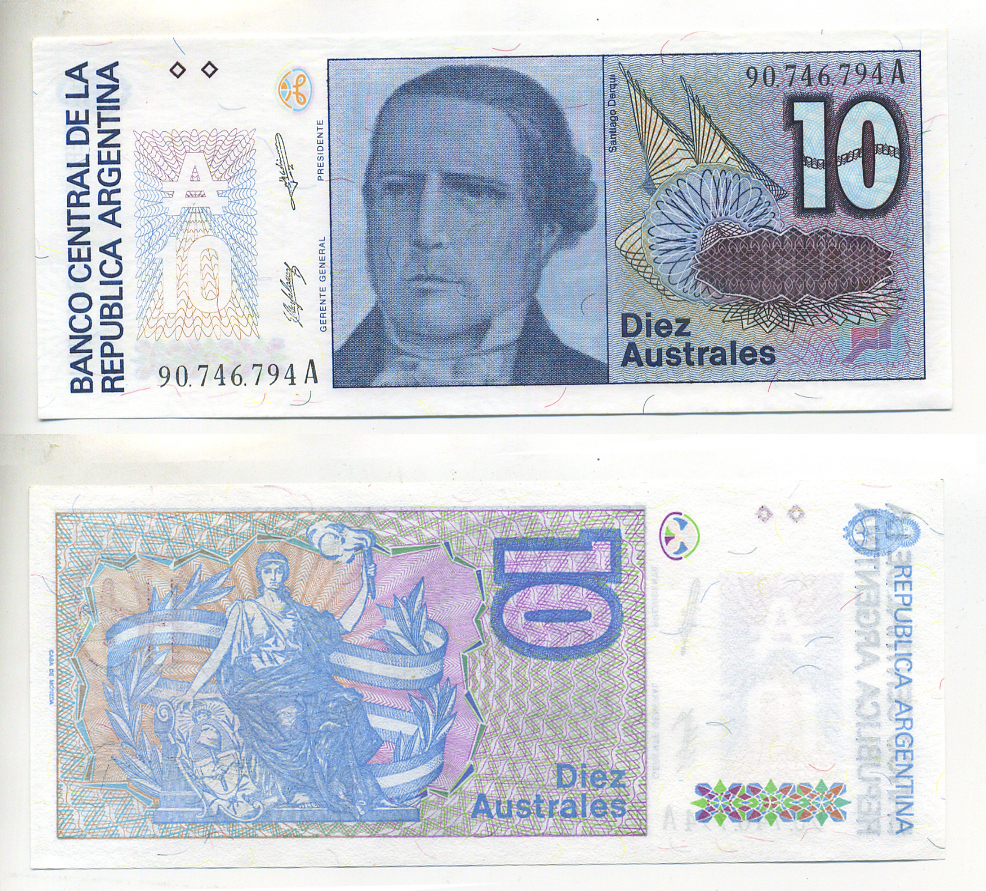 АРГЕНТИНА 10 АУСТРАЛЕЙ 1987 СЕРИЯ А 90746, САНТЬЯГО ДЕРКИ, ПРЕЗИДЕНТ АРГЕНТИНЫ Pick 325а бумага UNC (ПРЕСС) 6299-32-1