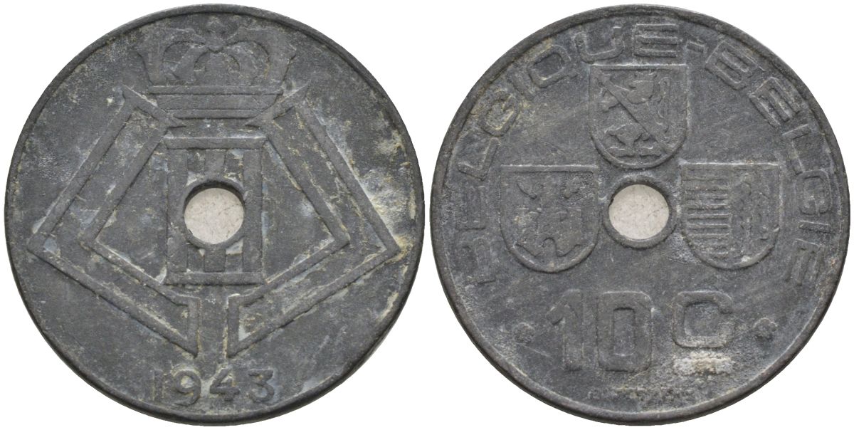 Бельгия 10 сантимов 1943 Belgique-Belgie, германская оккупация KM 125 цинк 4126-151