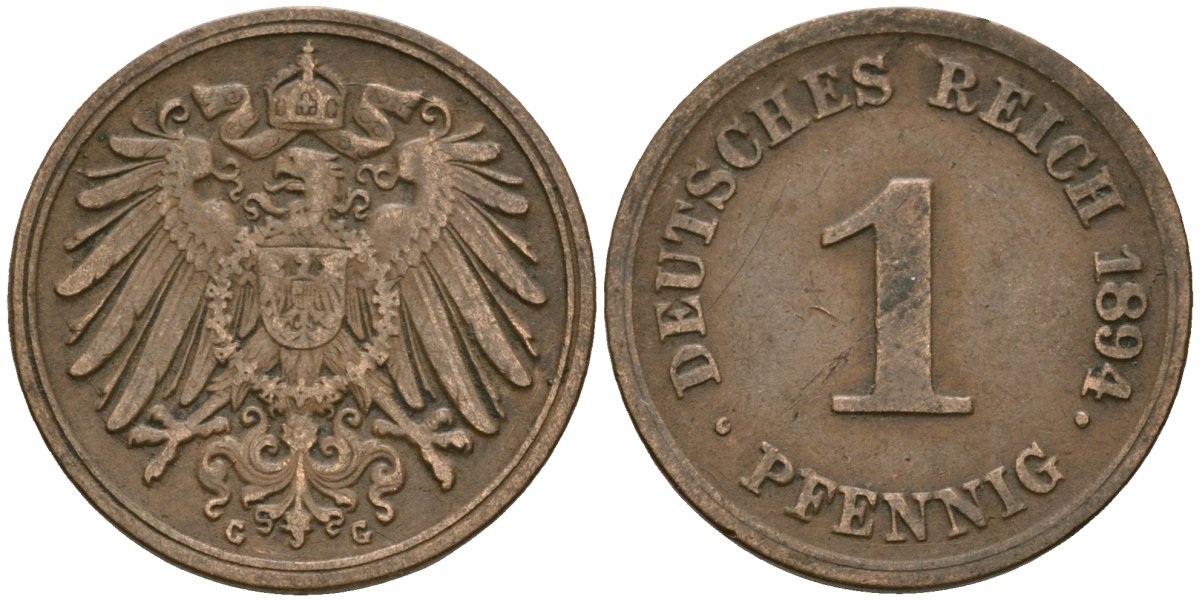 Германия 1 пфенниг 1894 G, Вильгельм II (1888-1918) KM 10, J. 10 медь 4608-222