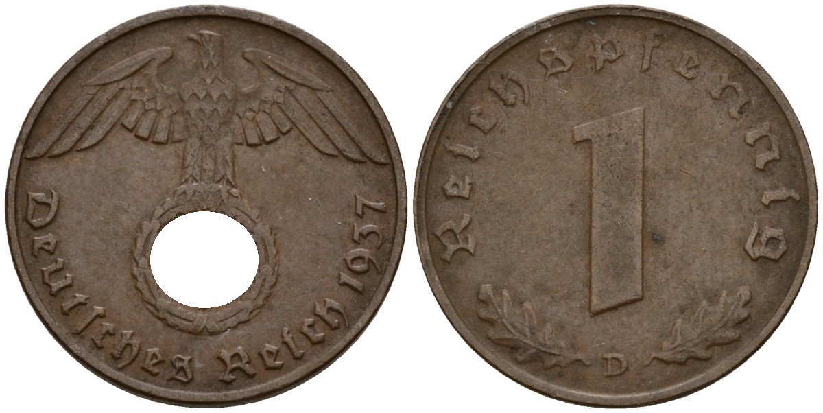 Германия 1 рейхспфенниг 1937 D KM 89, J. 361 бронза 192-964