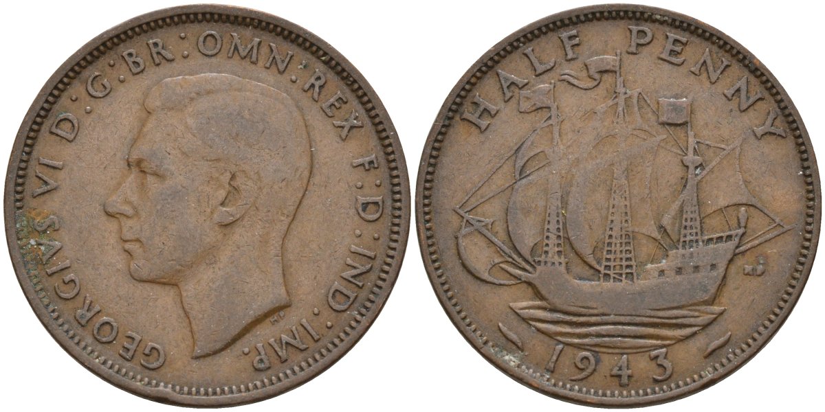 Великобритания 1/2 пенни 1943 Георг VI (1936-1952) KM 844, Spink 4115 бронза 4146-234
