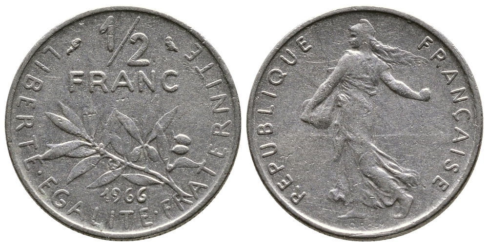 ФРАНЦИЯ 1/2 ФРАНКА 1966 СЕЯТЕЛЬ KM 931.1, LE FRANC 198.5 никель 26-965