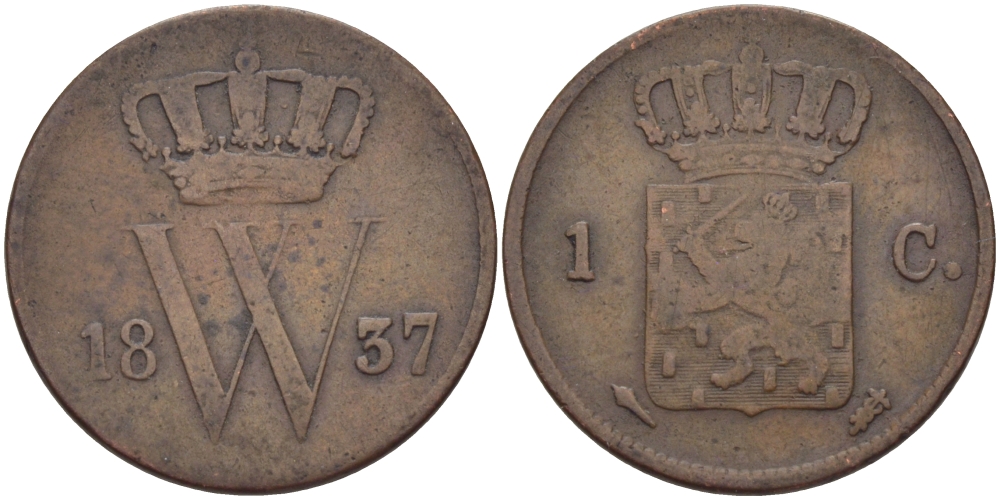 НИДЕРЛАНДЫ 1 ЦЕНТ 1837 KM 47 медь 28-414