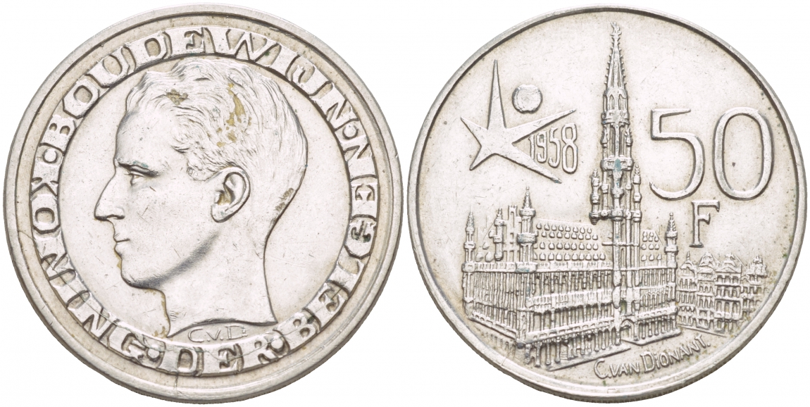 Бельгия 50 франков 1958 ВСЕМИРНАЯ ЯРМАРКА В БРЮССЕЛЕ, DER BELGEN KM 151.1 серебро 4545-1036