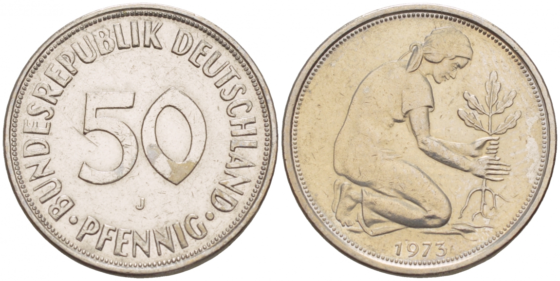 ФРГ 50 ПФЕННИГОВ 1975 J, KM 109.2, J. 384 медно-никель 4532-326