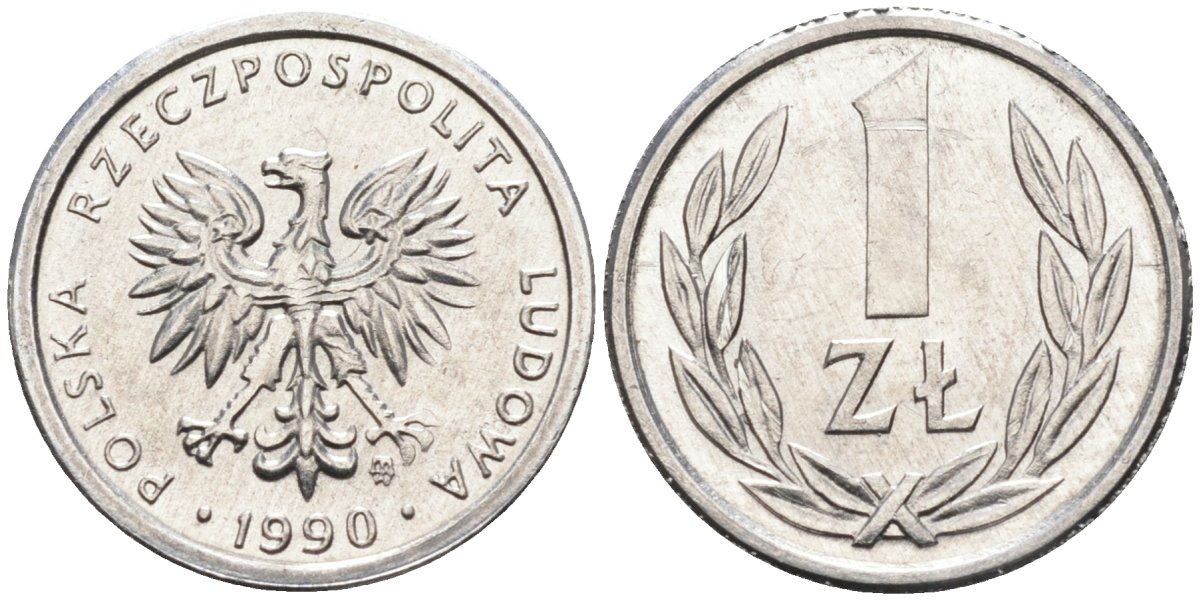 Польша 1 злотый 1990 MW, Народная Республика KM 49.3, Parchimowicz 215b алюминий UNC 4580-722
