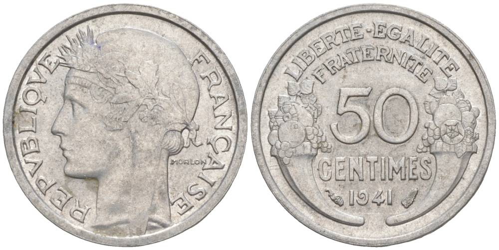 ФРАНЦИЯ 50 САНТИМОВ 1941 ТИП MORLON LOURDE KM 894.1a, LE FRANC 193.2 алюминий 44-169