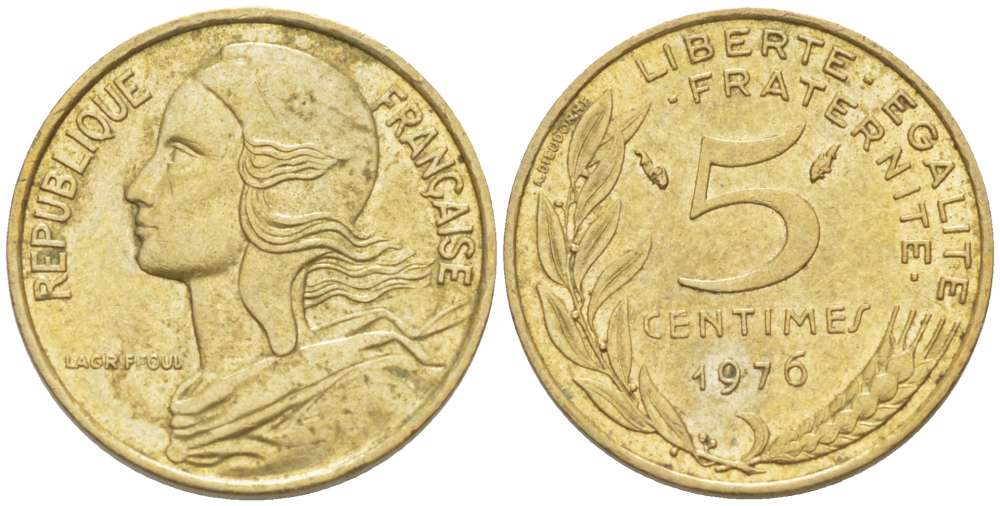ФРАНЦИЯ 5 САНТИМОВ 1976 ТИП MARIANE KM 933, LE FRANC 125.12 алюминиевая бронза 4516-818