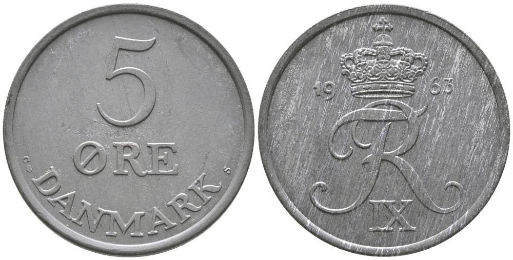 ДАНИЯ 5 ЭРЕ 1963 C; S, ФРЕДЕРИК IX (1947-1972) KM 843.2 цинк UNC 32-534