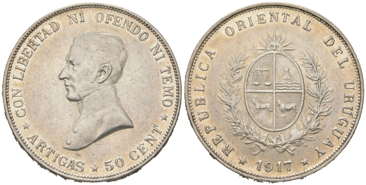 Уругвай 50 сентесимо 1917 KM 22 серебро 1530-522