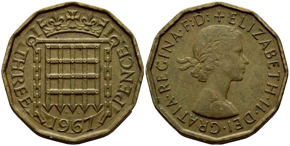 Великобритания 3 пенса 1967 Елизавета II (1952-2022) KM 900, Spink 4153 никель латунь 35-1417