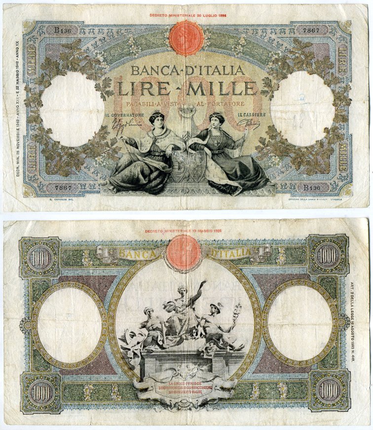 Италия 1000 лир 1942 Pick 63 бумага 451-40-1