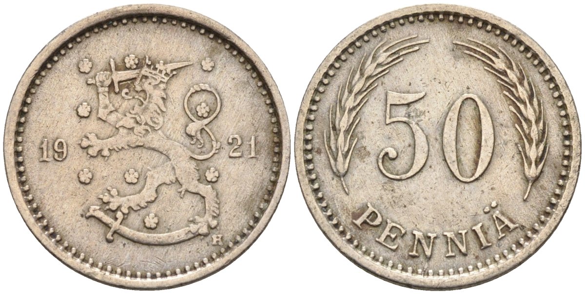 Финляндия 50 пенни 1921 Н KM 26 медно-никель 192-613