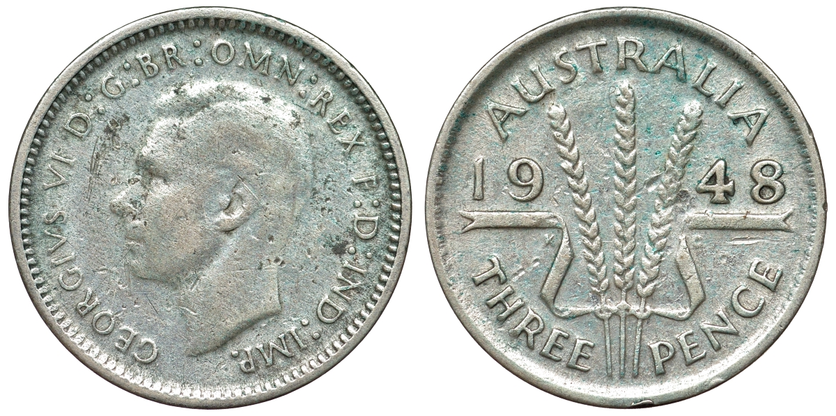 Австралия 3 пенса 1948 m, Георг VI (1937-1952), без букв KM 37a серебро 71-214