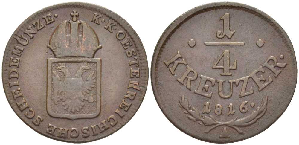АВСТРИЯ 1/4 КРЕЙЦЕРА 1816 A, ФРАНЦ II (1792-1835) KM 2107 медь 201-863