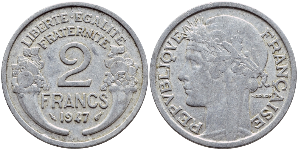 Франция 2 франка 1947 KM 886а.1 алюминий 4397-742