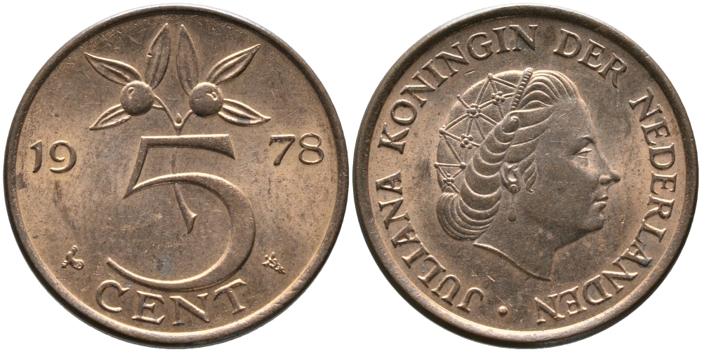 НИДЕРЛАНДЫ 5 ЦЕНТОВ 1978 ЮЛИАНА KM 181 бронза 65-1227