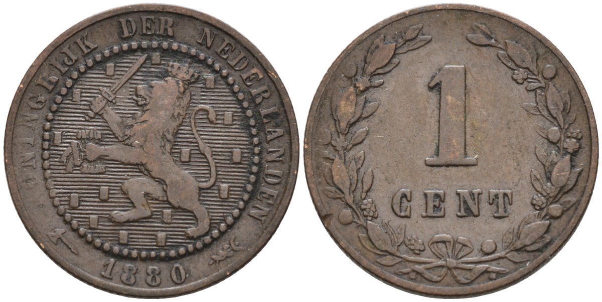 Нидерланды 1 цент 1880 Виллем III (1849-1890) KM 107 бронза 4576-555