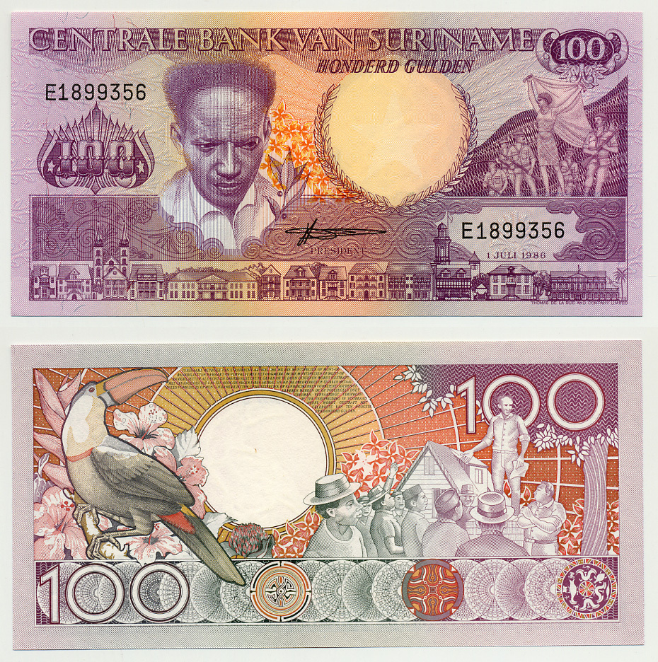 Суринам 100 гульденов 1986 Антон де Ком, тукан на ветке, 1 буква в серии Pick 133 a (1) бумага UNC (пресс) 7485-45-3