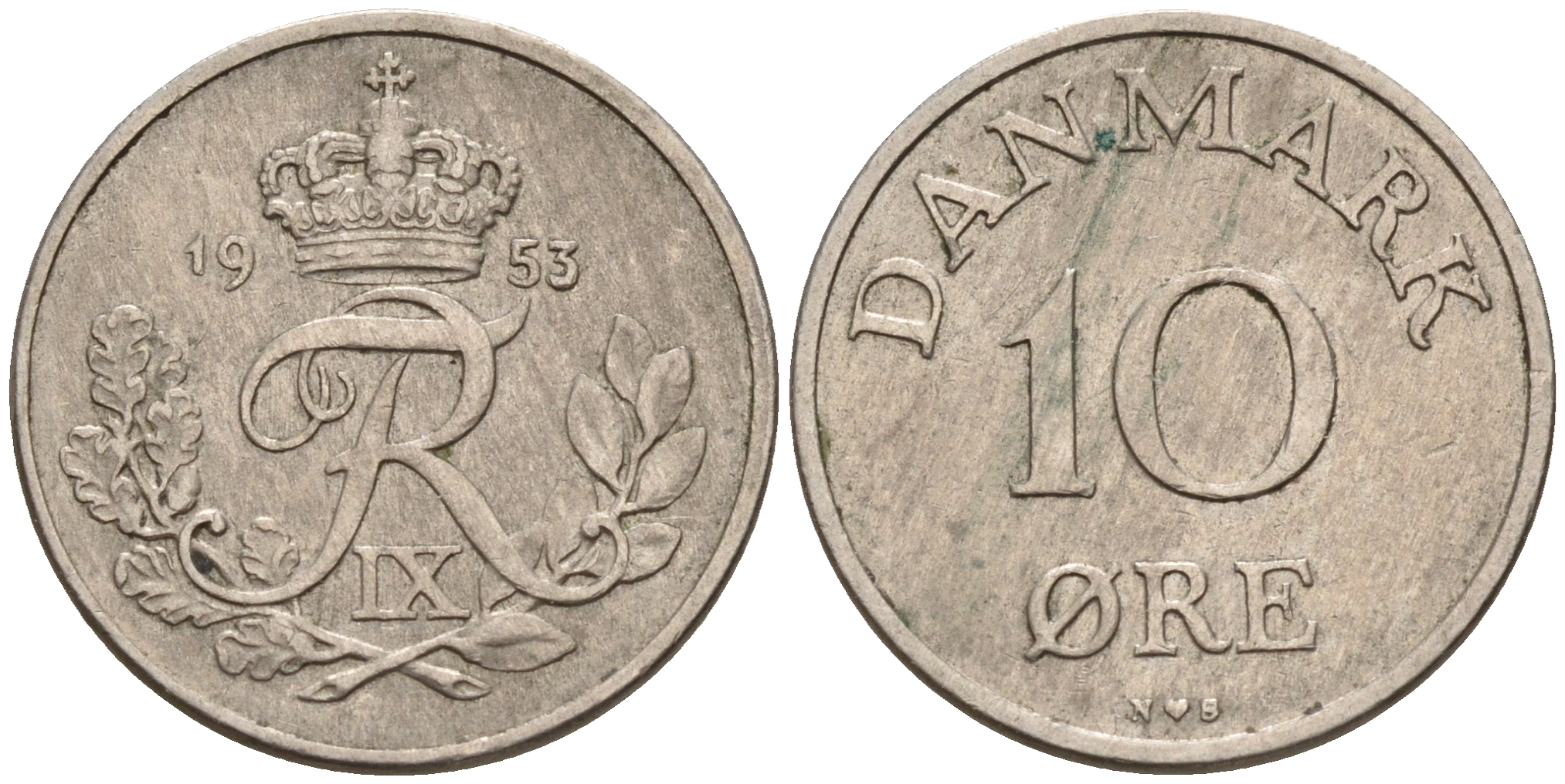 Дания 10 эре 1953 N,S, Фредерик IX (1947-1972) KM 841.1 медно-никель    4596-321