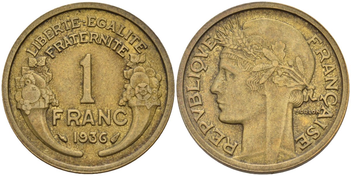 Франция 1 франк 1936 KM 885, Le Franc 219.2 алюминиевая бронза 4142-833
