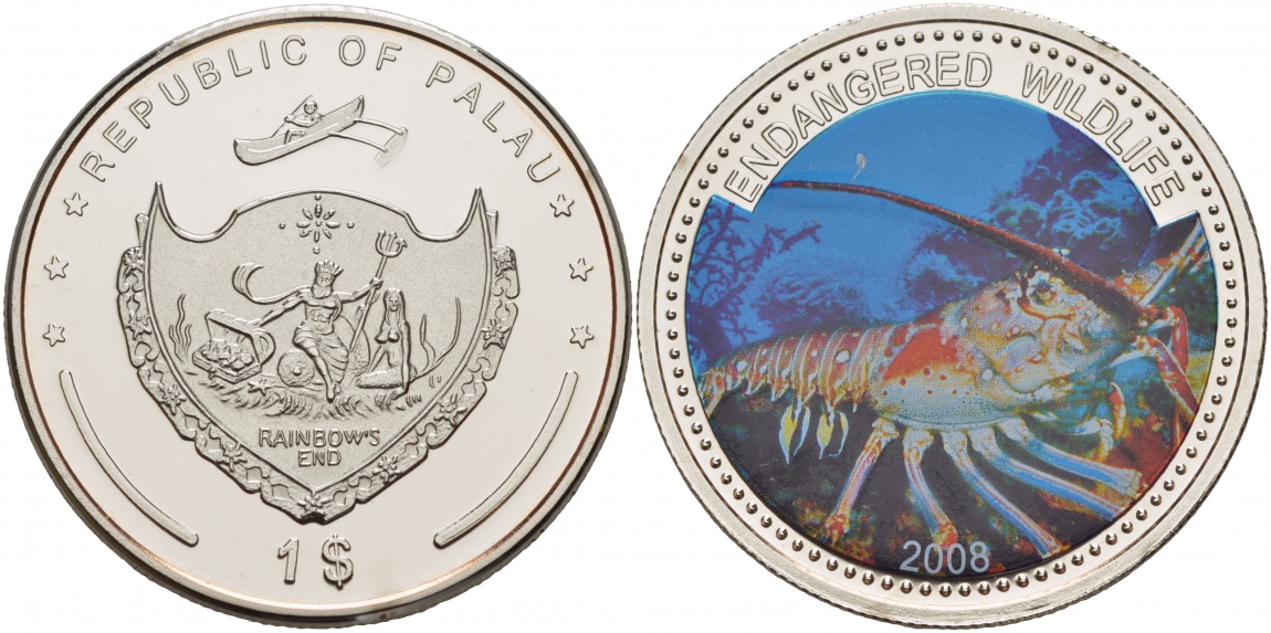 Палау 1 доллар 2008 серия вымирающие виды, лобстер, цветная эмаль KM 167 медно-никель PROOF 1088-7-14 M10-10-11