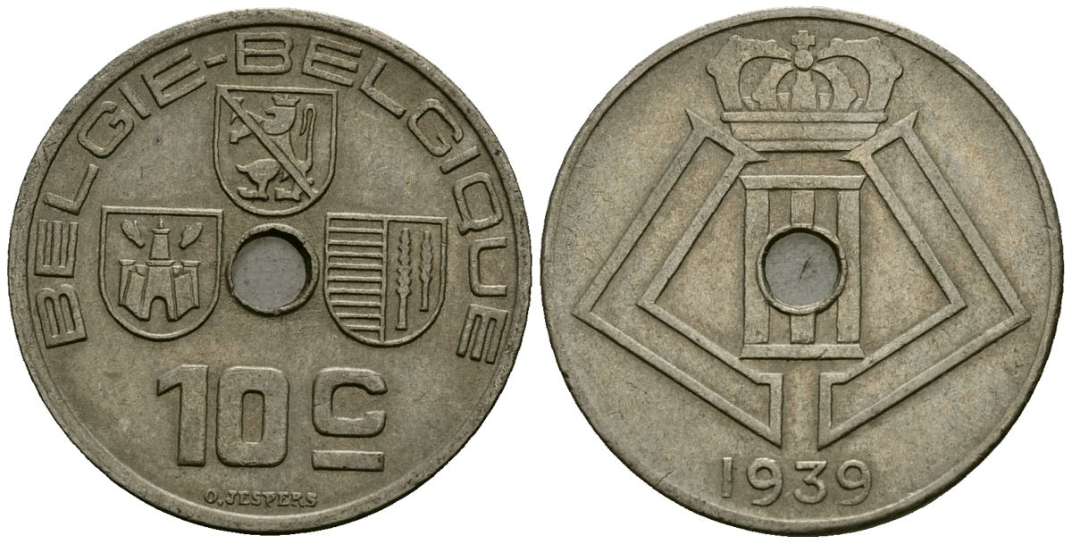 Бельгия 10 сантимов 1939 Belgie - Belgique KM 113 никель латунь 4121-652