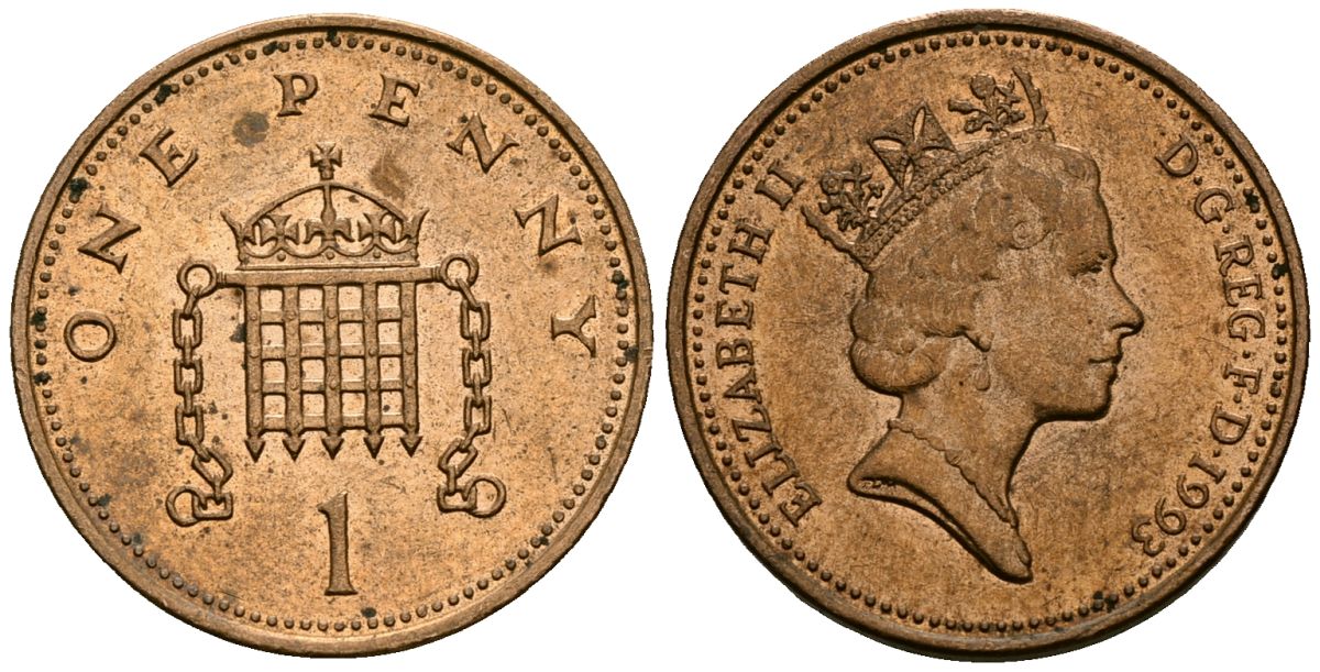 Великобритания 1 пенни 1993 Елизавета II (1952-2022) KM 935a, Spink 4391 (B4) сталь плакированная бронзой 4167-1235
