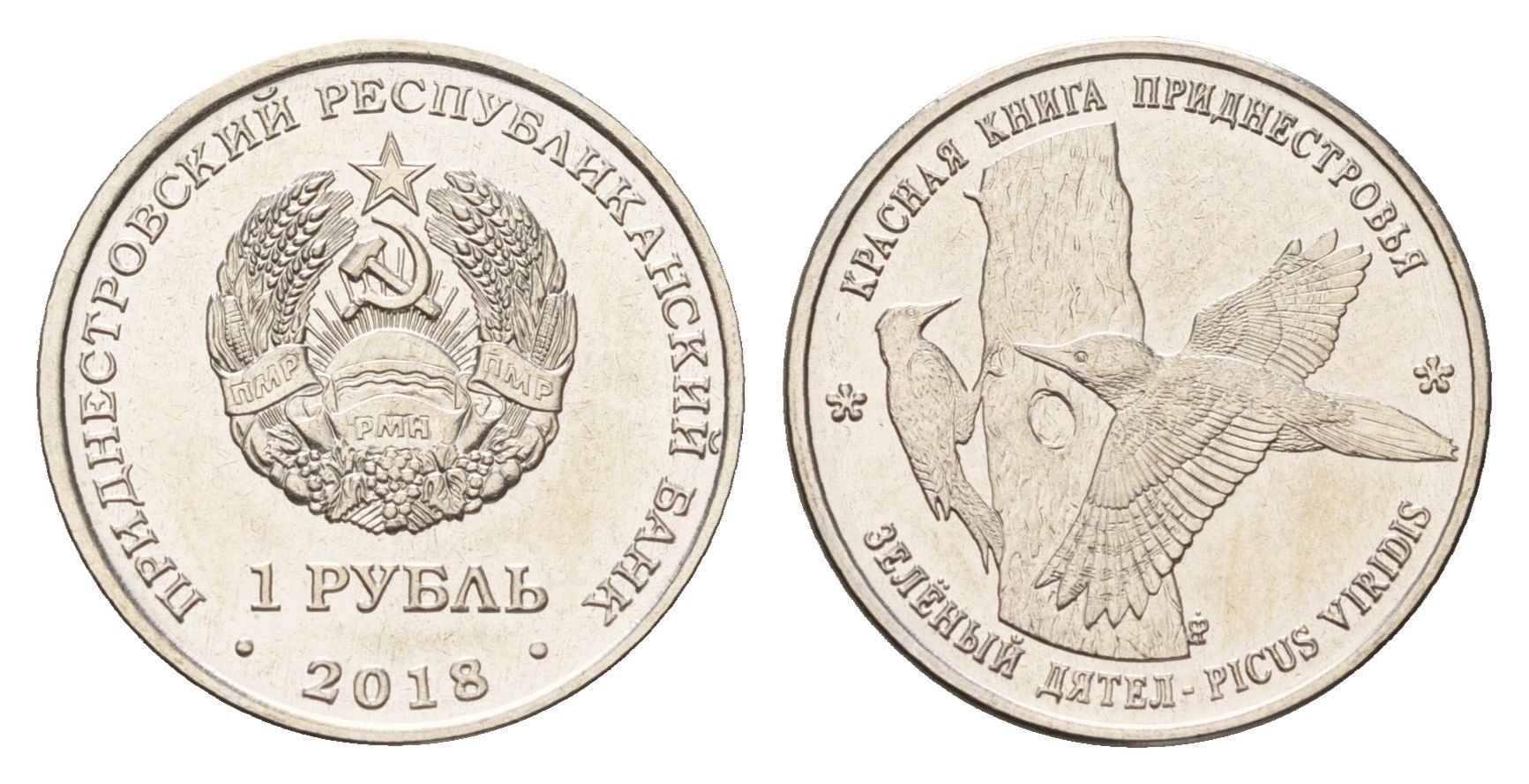 Приднестровье 1 рубль 2018 Красная книга - Зеленый дятел KM 300 сталь плакированная никелем UNC 4669-1116