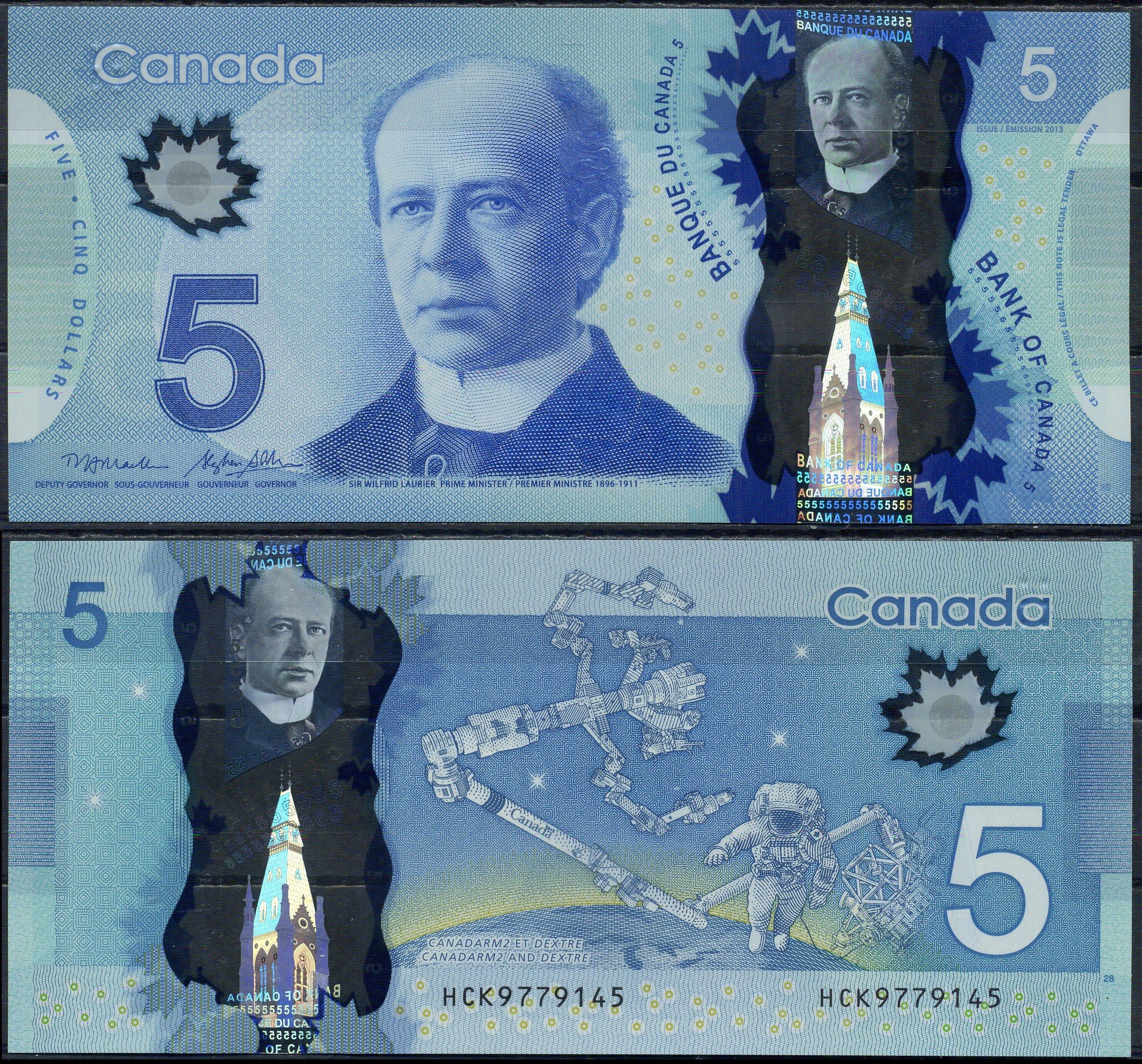 Канада 5 долларов 2013 Уилфрид Лорье, CANADARM2, астронавт в космосе Pick 106 b полимер UNC (пресс) 7523-7-4-2