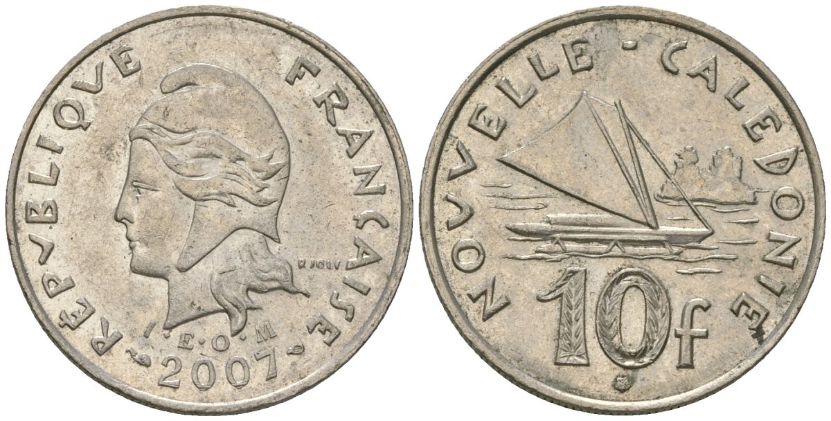 Французская Новая Каледония 10 франков 2007 рыбачья парусная лодка, (IEOM) KM 11a, Schoen 13a, Lec 99k медно-никель 54-2431