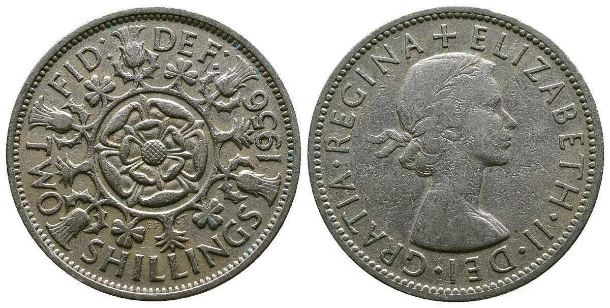 Великобритания 2 шиллинга (флорин) 1956 Елизавета II (1952-2022) KM 906, Spink 4146 медно-никель 4607-925