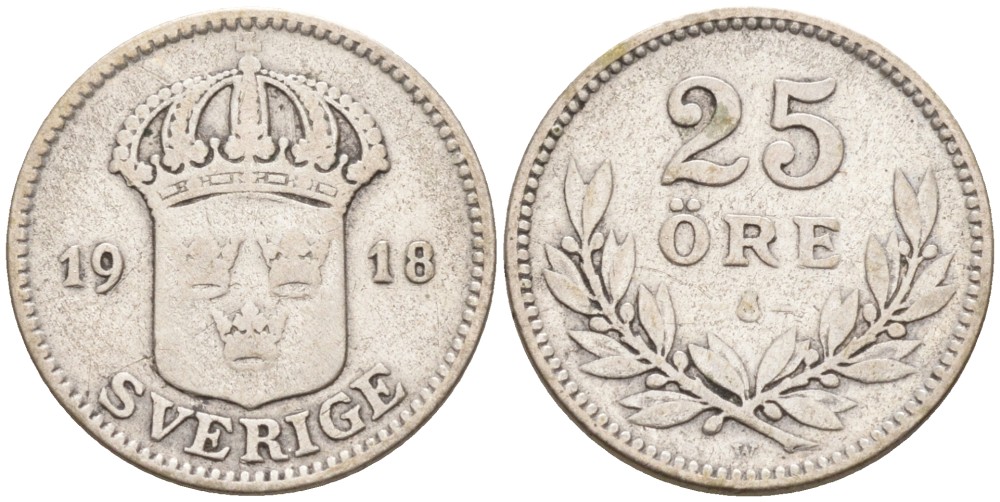 Швеция 25 эре 1918 W, Густав V (1907-1950) KM 785 серебро 4380-136