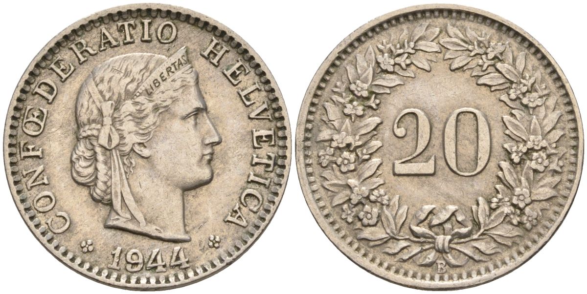 Швейцария 20 раппенов 1944 B KM 29a медно-никель 4606-746