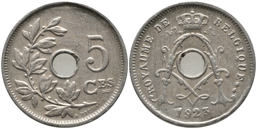 БЕЛЬГИЯ 5 САНТИМОВ 1923 BELGIQUE KM 66 медно-никель 75-531