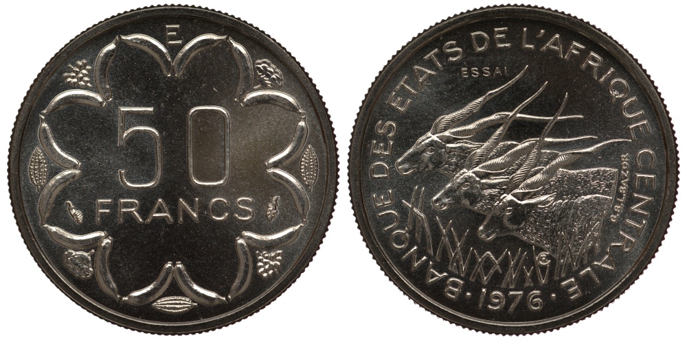 Центрально-Африканские штаты 50 франков 1976 пробник, ESSAI KM E8 никель UNC 5010-225