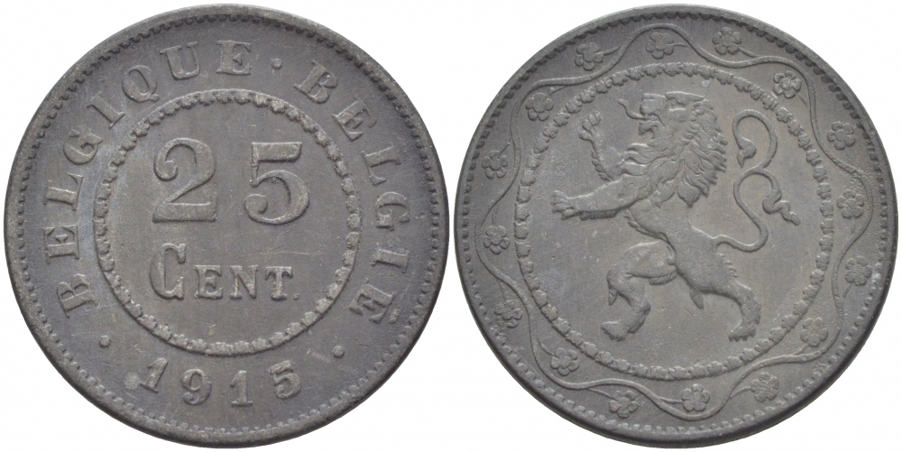 БЕЛЬГИЯ 25 САНТИМОВ 1915 BELGIQUE-BELGIE KM 82 цинк 3718-536