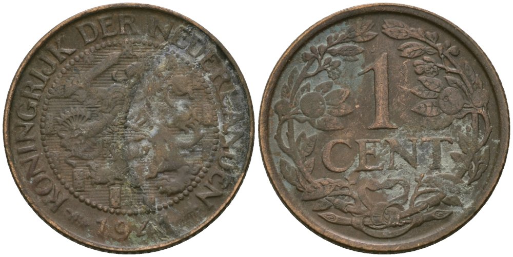 Нидерланды 1 цент 1941 Вильгельмина (1890-1948) KM 152 бронза 4576-1153