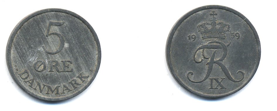 ДАНИЯ 5 ЭРЕ 1959 C; S, ФРЕДЕРИК IX (1947-1972) KM 843.2 цинк 23-242
