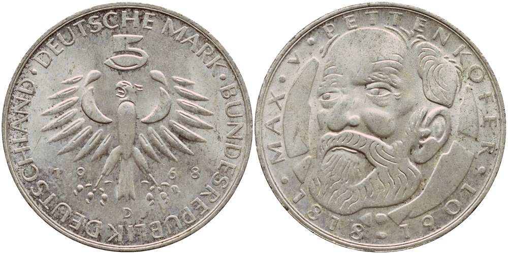 ФРГ 5 марок 1968 D, 150 лет со дня рождения Макса фон Петтенкофера J. 398, KM 123.1 серебро aUNC 1529-215