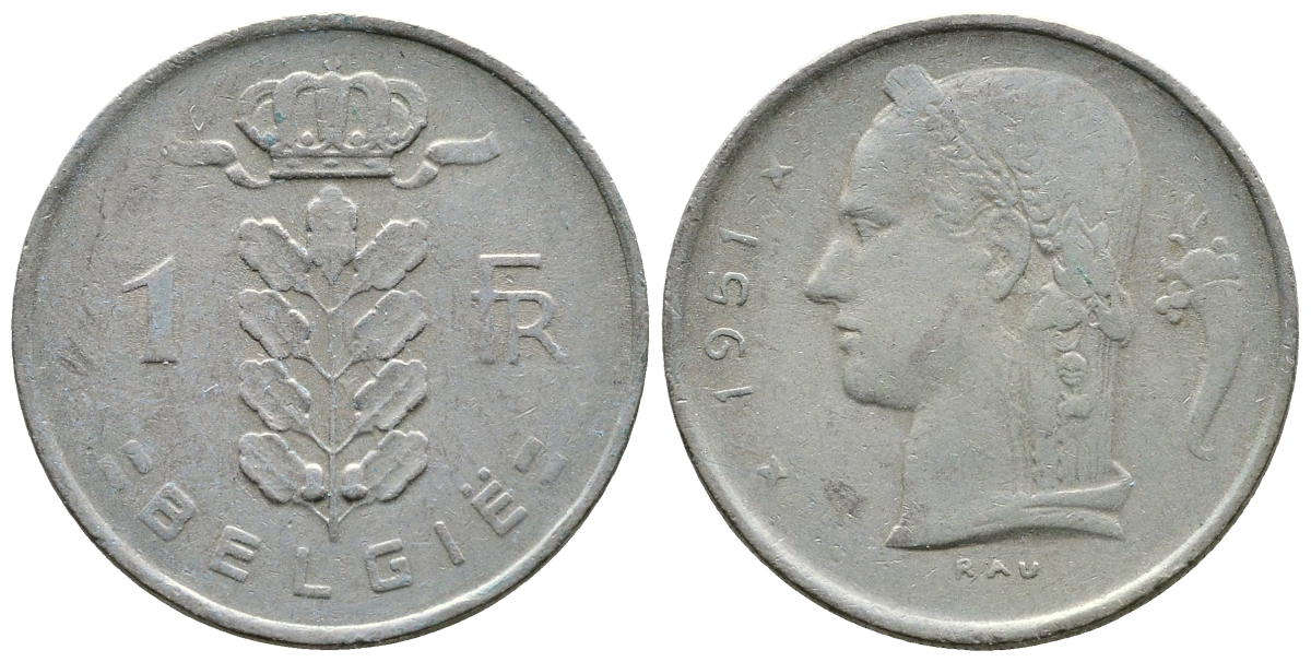 БЕЛЬГИЯ 1 ФРАНК 1951 BELGIE KM 143.1 медно-никель 89-434