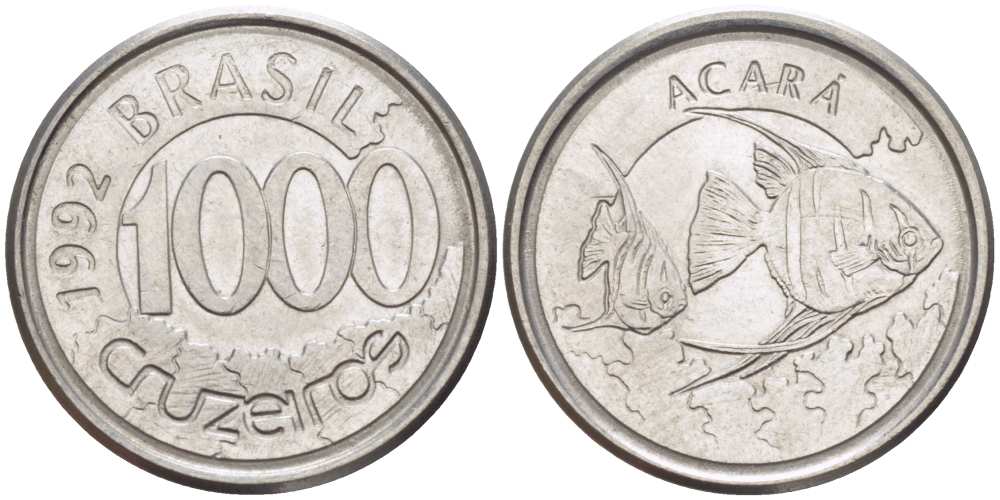 Бразилия 1000 крузейро 1993 реформа 1990-1993, рыбка Акара KM 626 нержавеющая сталь 26-633