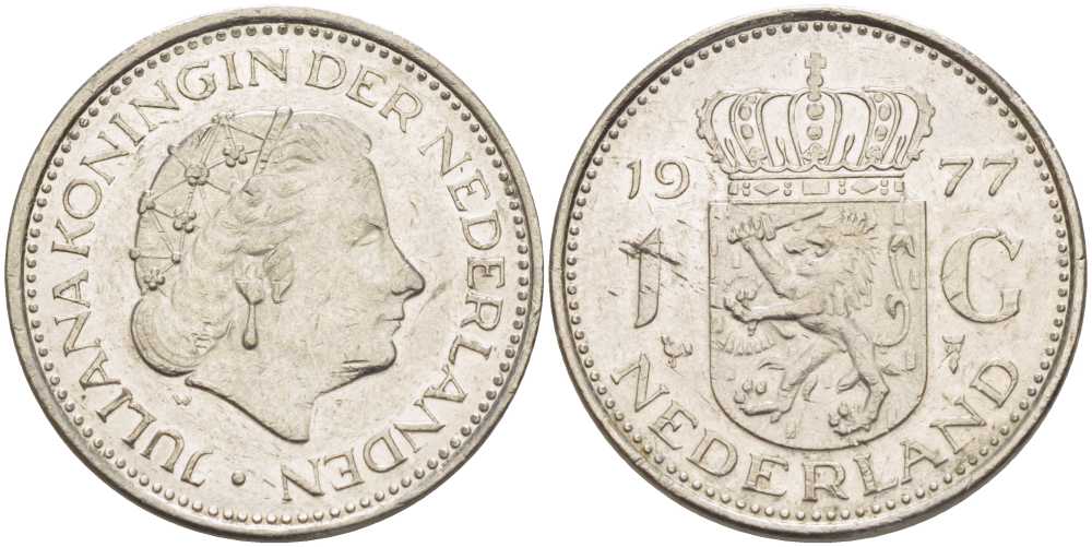 Нидерланды 1 гульден 1977 Юлиана (1948-1980) KM 184a никель 212-1147