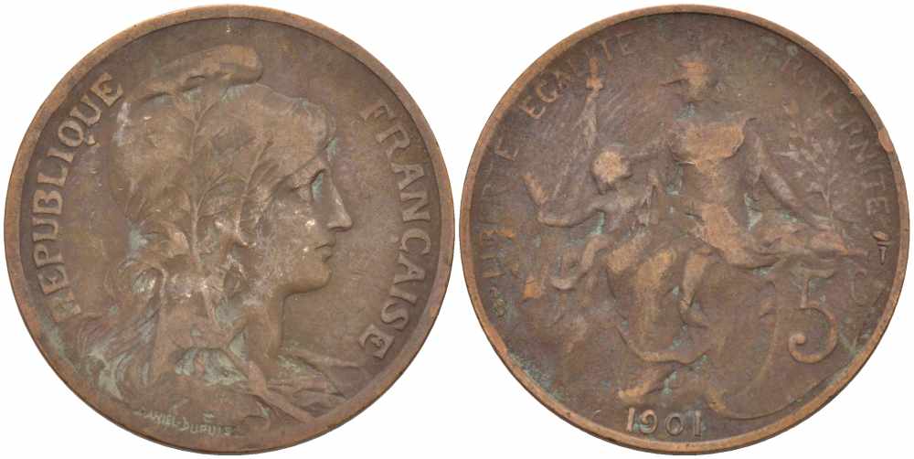 ФРАНЦИЯ 5 САНТИМОВ 1901 ТИП ДАНИЭЛЬ ДЮПЮИ KM 842, LE FRANC 119.11 бронза 108-827